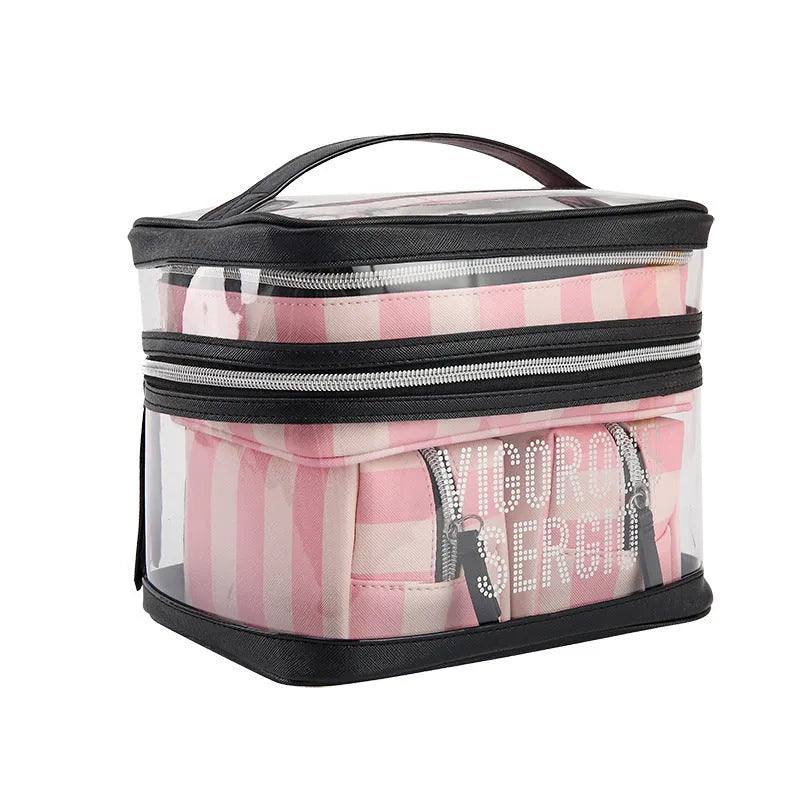 Pink bold stripes floral pattern synthetic leather makeup bag with nylon lining