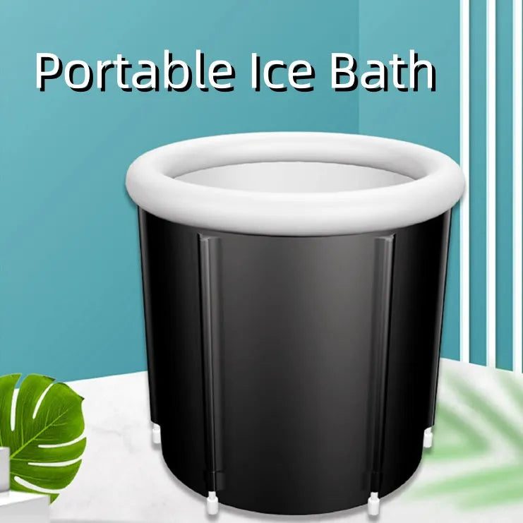 Black inflatable PVC ice bath tub measuring 70x80cm with weather lid and insulation for cold therapy