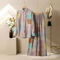 Women's geometric print long sleeve trouser suit in polyester with button detail, casual style