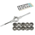Manual metric hand tap and die set with alloy steel dies and a die holder wrench on blister card.