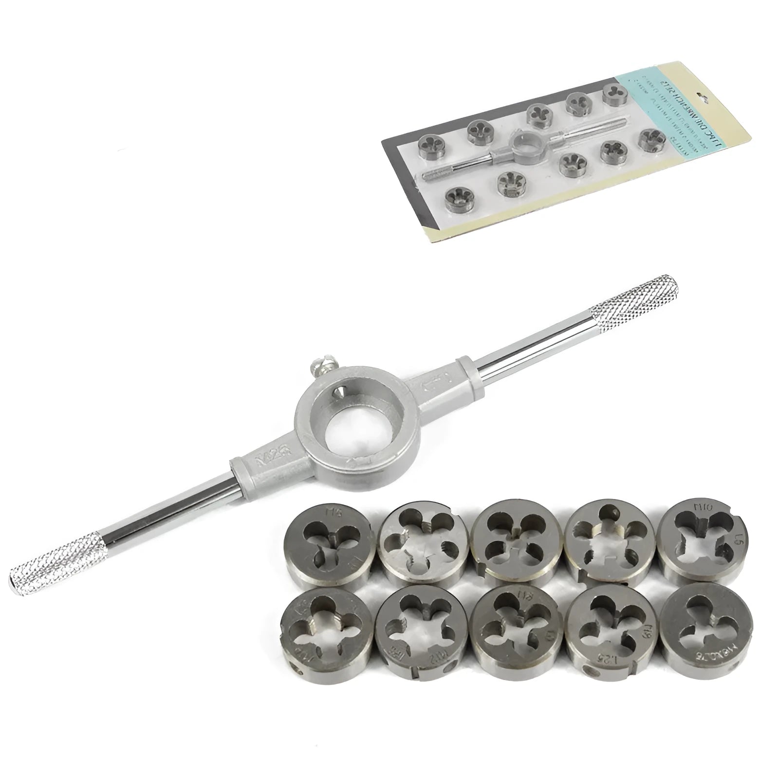 Manual metric hand tap and die set with alloy steel dies and a die holder wrench on blister card.