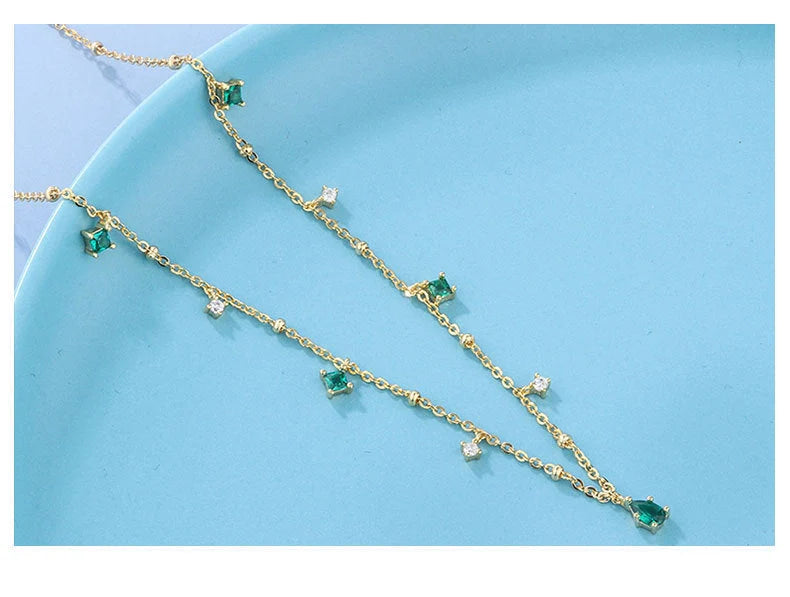 Generous water drop emerald zircon necklace with sterling silver chain, Korean style jewelry