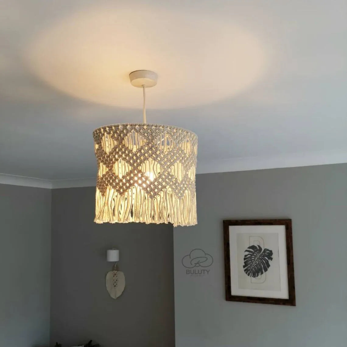 Handmade beige cotton string woven lampshade for ceiling light, 30x50cm