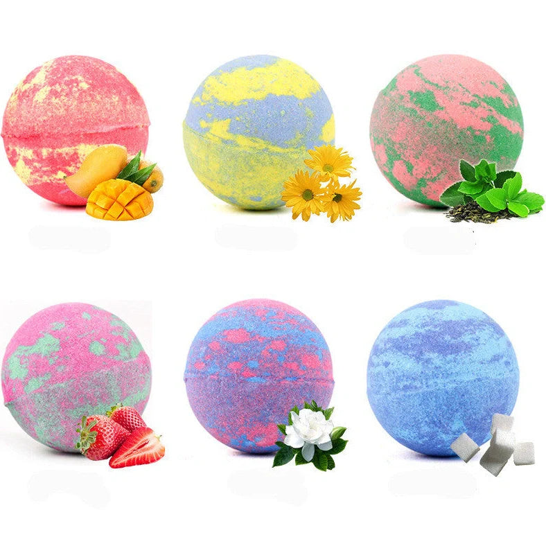 Six spherical 4cm diameter bath salt balls in mixed colours with 60g weight each containing shea butter and essential oils