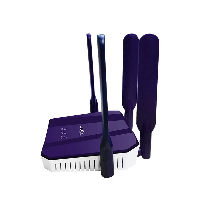 Blue 4G dual-mode wireless router with four extended antennas on a white background.