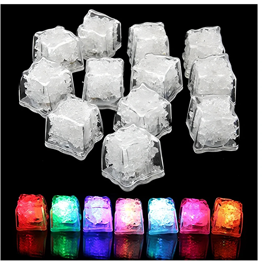 Square colourful LED light ice cube glowing in blue or pink, food-grade for safe drink use, battery-powered 5W