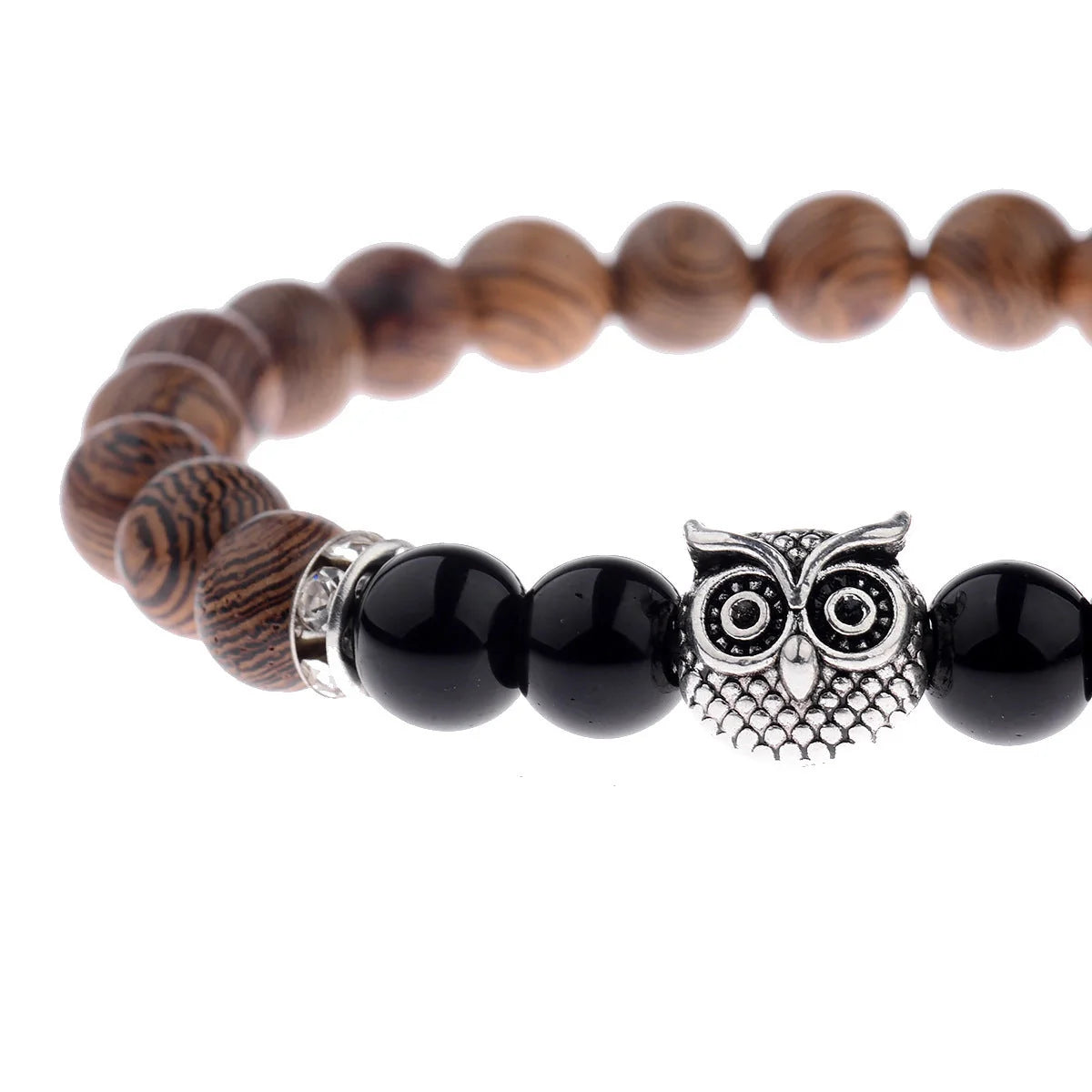 Owl frosted stone lifeline wood grain bracelet in black and gold, adjustable for a perfect fit