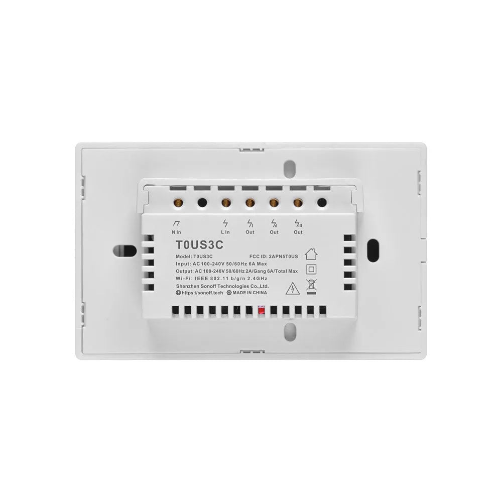 Smart wall switch with tempered glass touch panel, 120mm mounting hole spacing, white finish