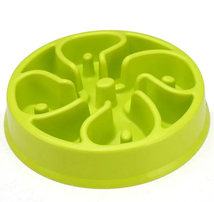 Anti-choke plastic dog bowl in pink, blue, green, and yellow