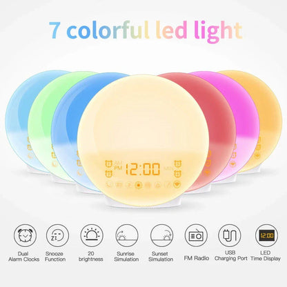 Sunrise alarm clock with gradual lighting, nature sounds, and colour customization