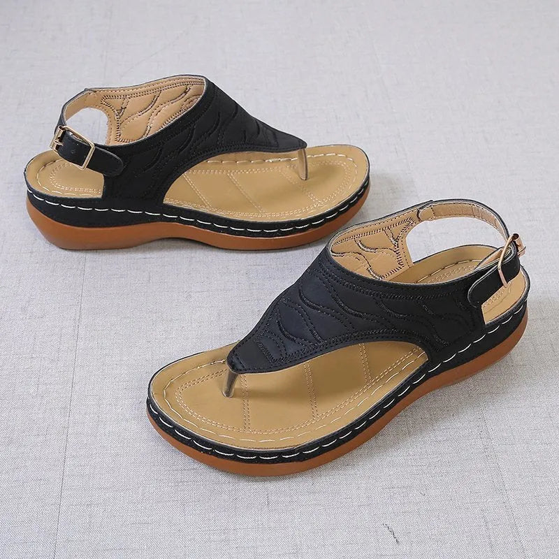 Women's casual wedge heel flip flop sandals with adjustable back strap in red, green, black, blue, and khaki