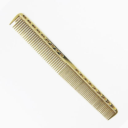 Space aluminium haircut comb in rose gold finish showing precise tooth spacing and polished metal surface