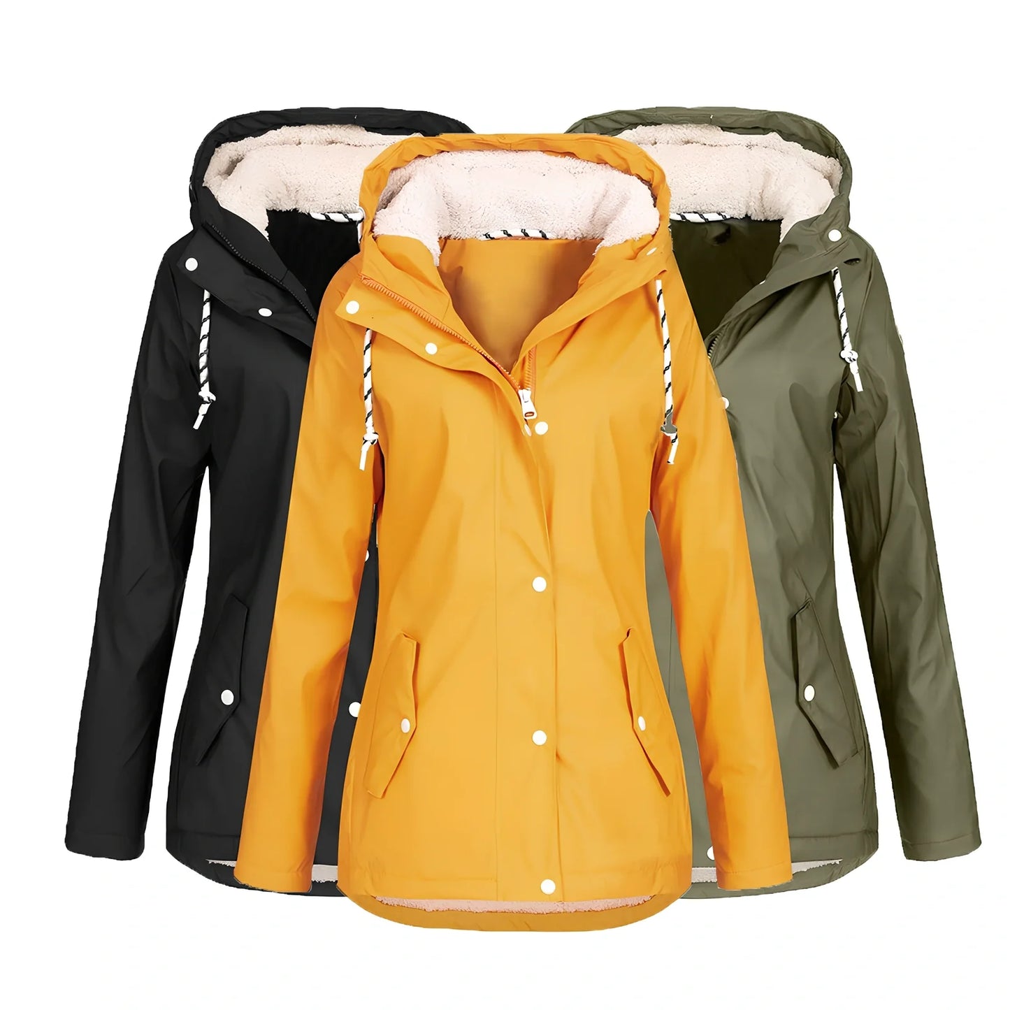 Women's outdoor winter jacket in Army Green, Black or Yellow with size range M to 4XL