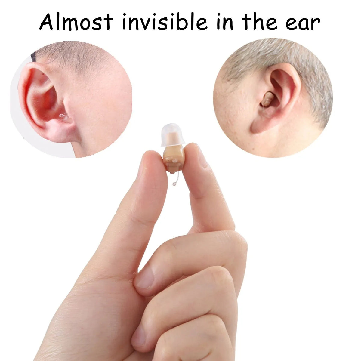 Mini completely-in-canal CIC T23 hearing aid unit with assorted ear dome sizes.
