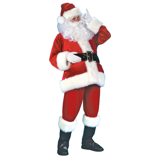 Premium seven-piece Santa Claus costume with top, pants, belt, boot covers, gloves, beard, and hat