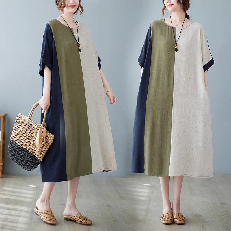 Cotton and linen loose half sleeve contrast paneled dress in original hemp colour