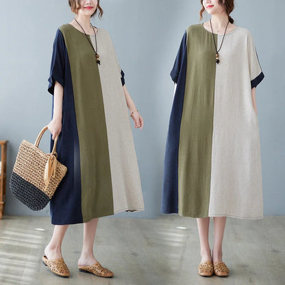 Cotton and linen loose half sleeve contrast paneled dress in original hemp colour