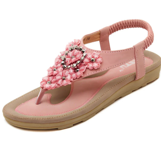 Women's flat sandals in pink with rhinestone flowers, elastic ankle strap, PU upper, size 38, 0-3cm heel for summer casual wear