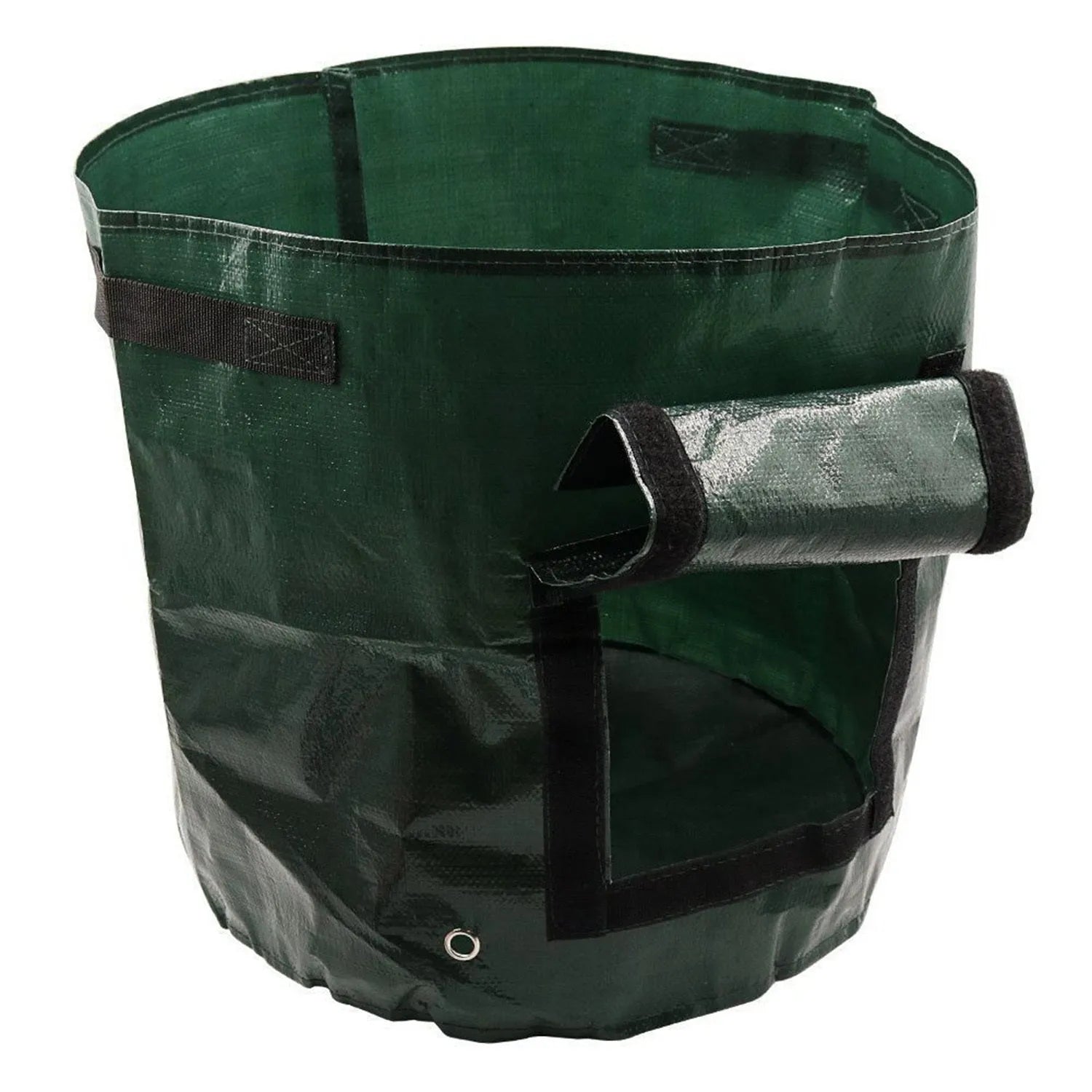 Dark green PE cloth garden planting bag with side windows and double handles on a balcony