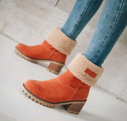 Stylish mid-calf suede snow boots with thick heel in various colors and sizes