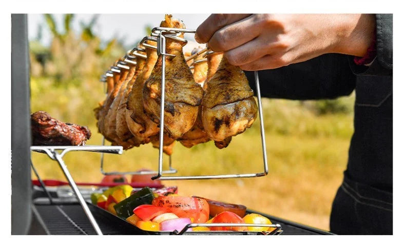 Stainless Steel Barbecue Rack with 14 slots for cooking chicken legs and wings, featuring a folding stand and drip tray