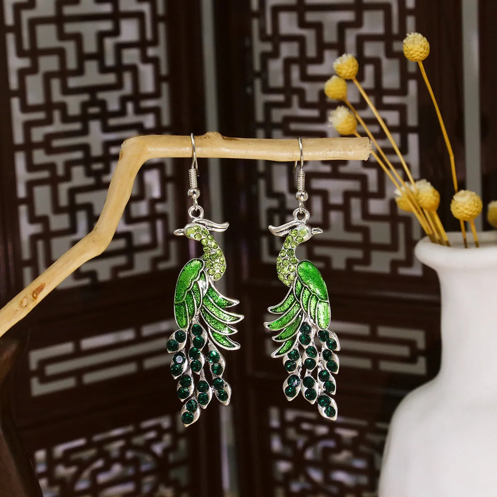Cloisonne peacock earrings with Miao silver phoenix totem in gold electroplated finish