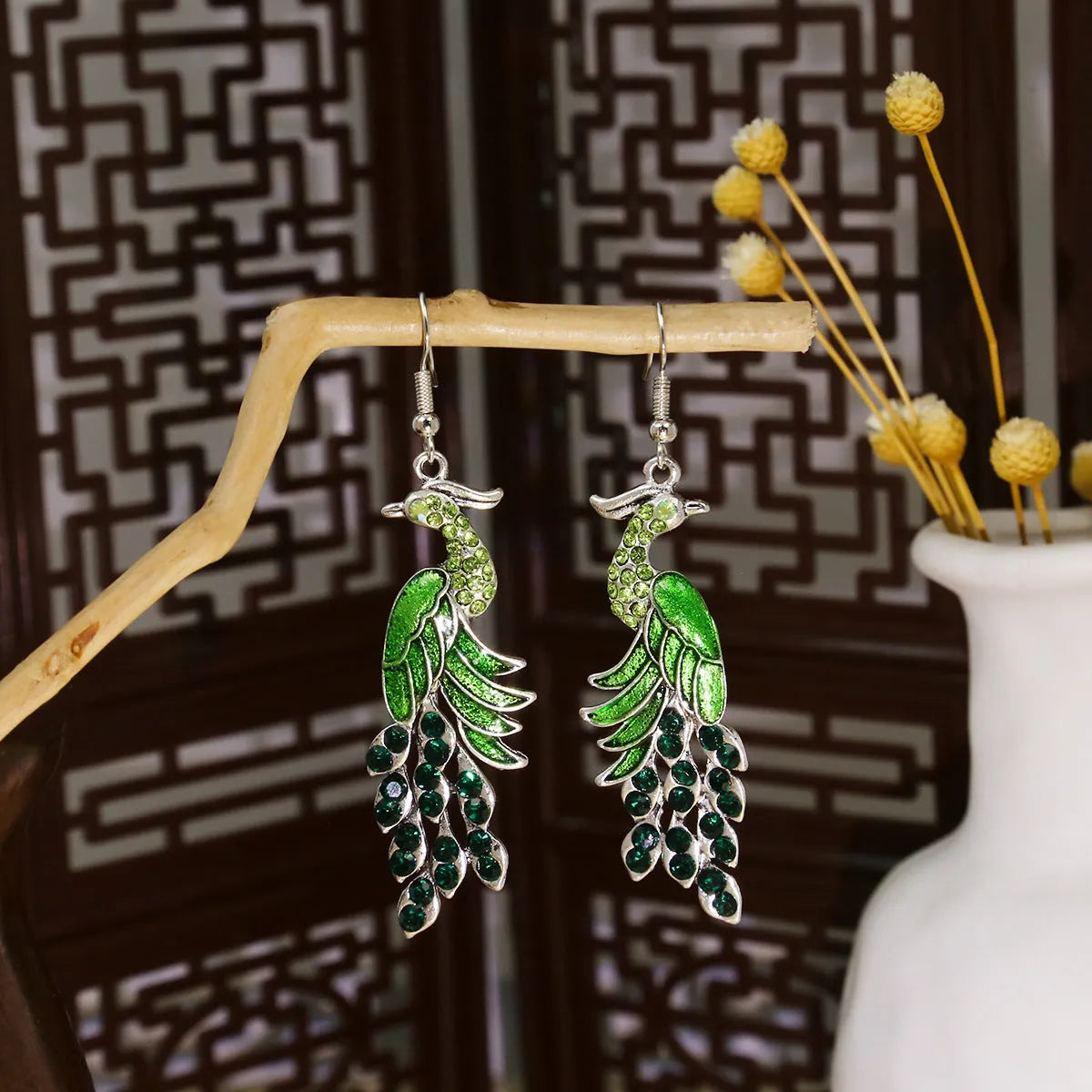 Cloisonne peacock earrings with Miao silver phoenix totem in gold electroplated finish