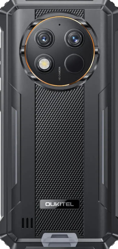 OUKITEL G1 mobile phone in grey, green and orange colours with charger and manual
