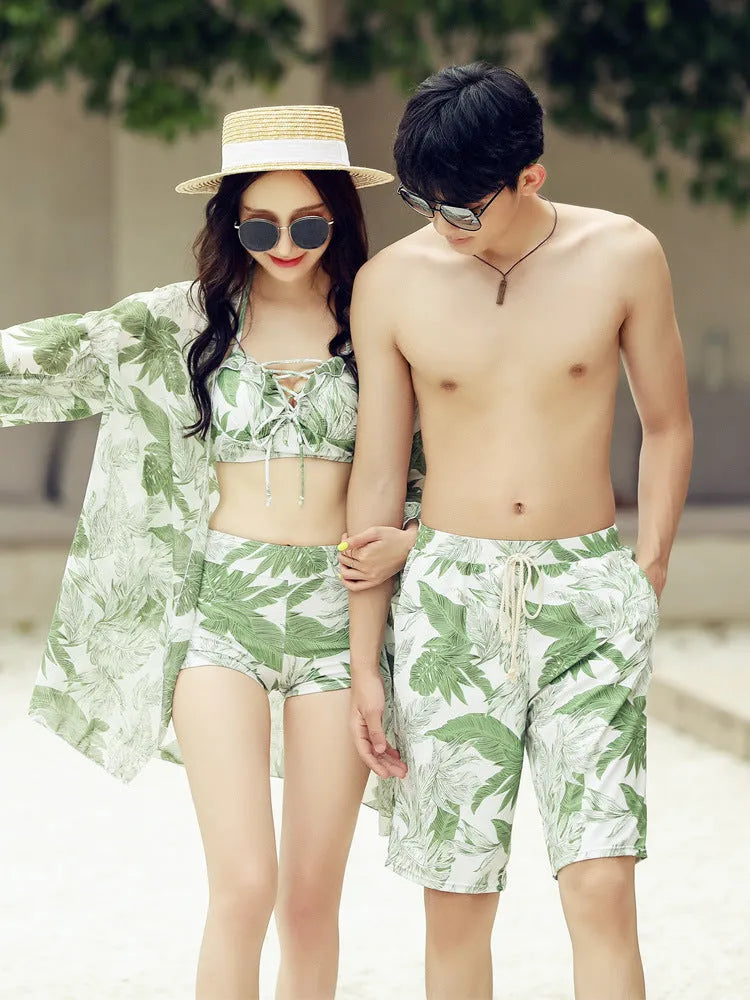 Green flower print men's and women's couple's matching bikini suit and beach pants swimsuit polyester spandex