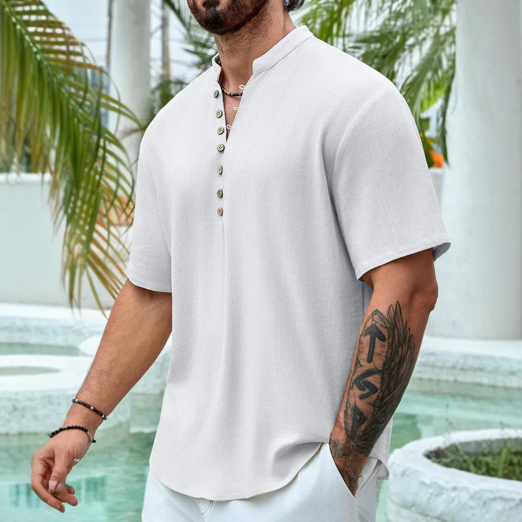 Men's V-neck short sleeve casual shirt in viscose fabric available in multiple colours with Asian sizing