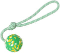 Natural rubber dog ball toy with a blue nylon rope attached for fetch and tug games.
