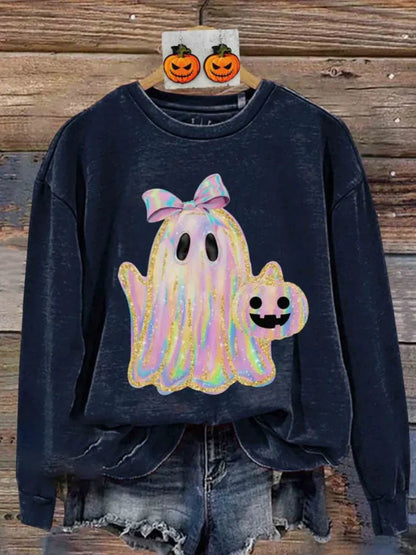 Women's grey Halloween sweatshirt with raised orange pumpkin 3D print, crew neck, long sleeves