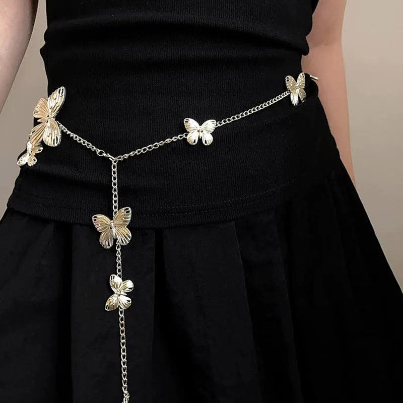 Butterfly waist chain in alloy with gold or silver colour options and 104cm length