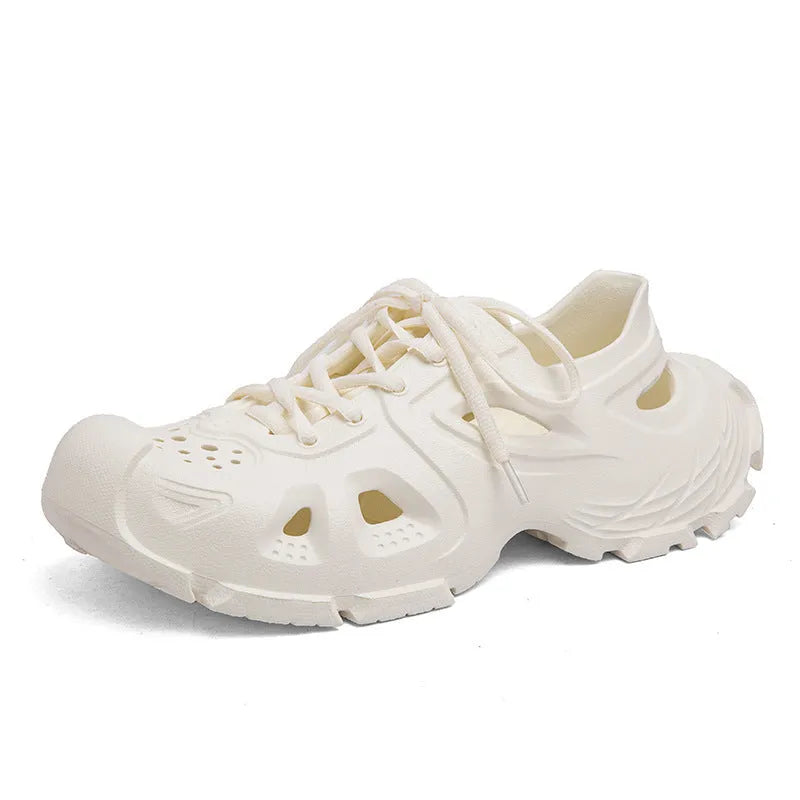 Men's black lace-up sports sandals with an EVA sole and round toe holder on an outdoor surface.