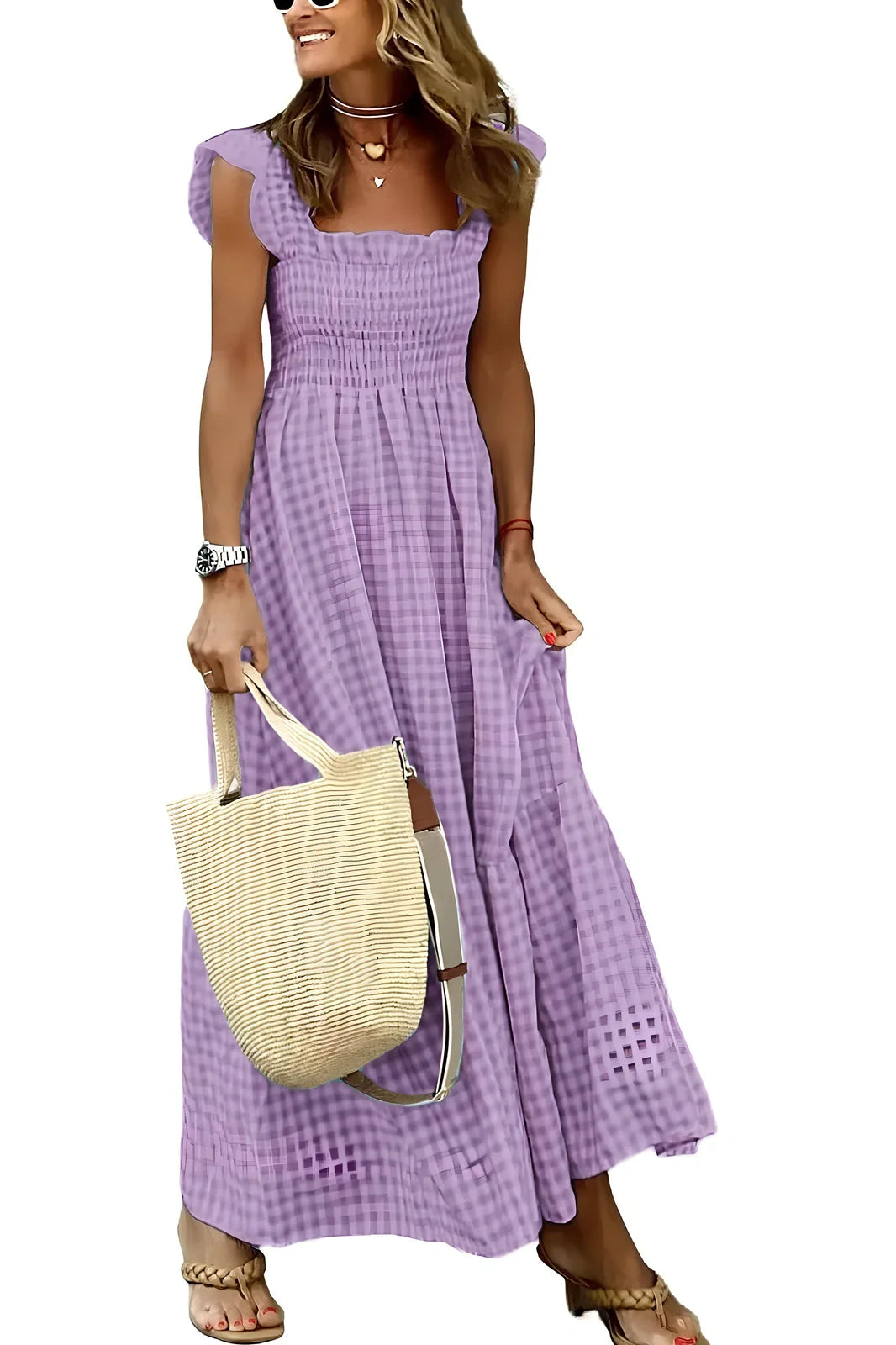 Summer plaid print pleated ruffle sleeveless A-line beach dress in sky blue, 134cm length, polyester fabric for women sizes S-3XL