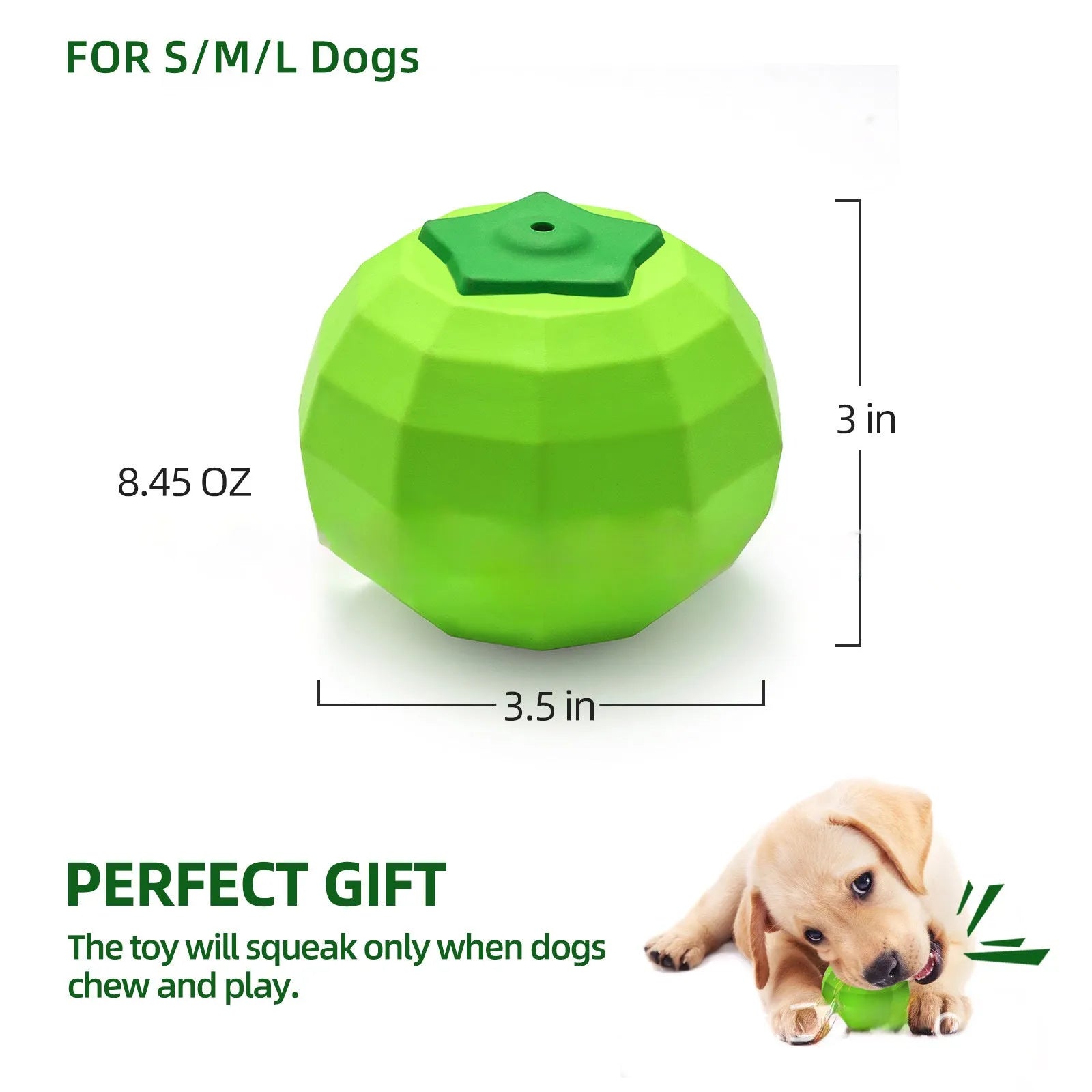 Green natural rubber squeaky chew ball dog toy for large breed aggressive chewers