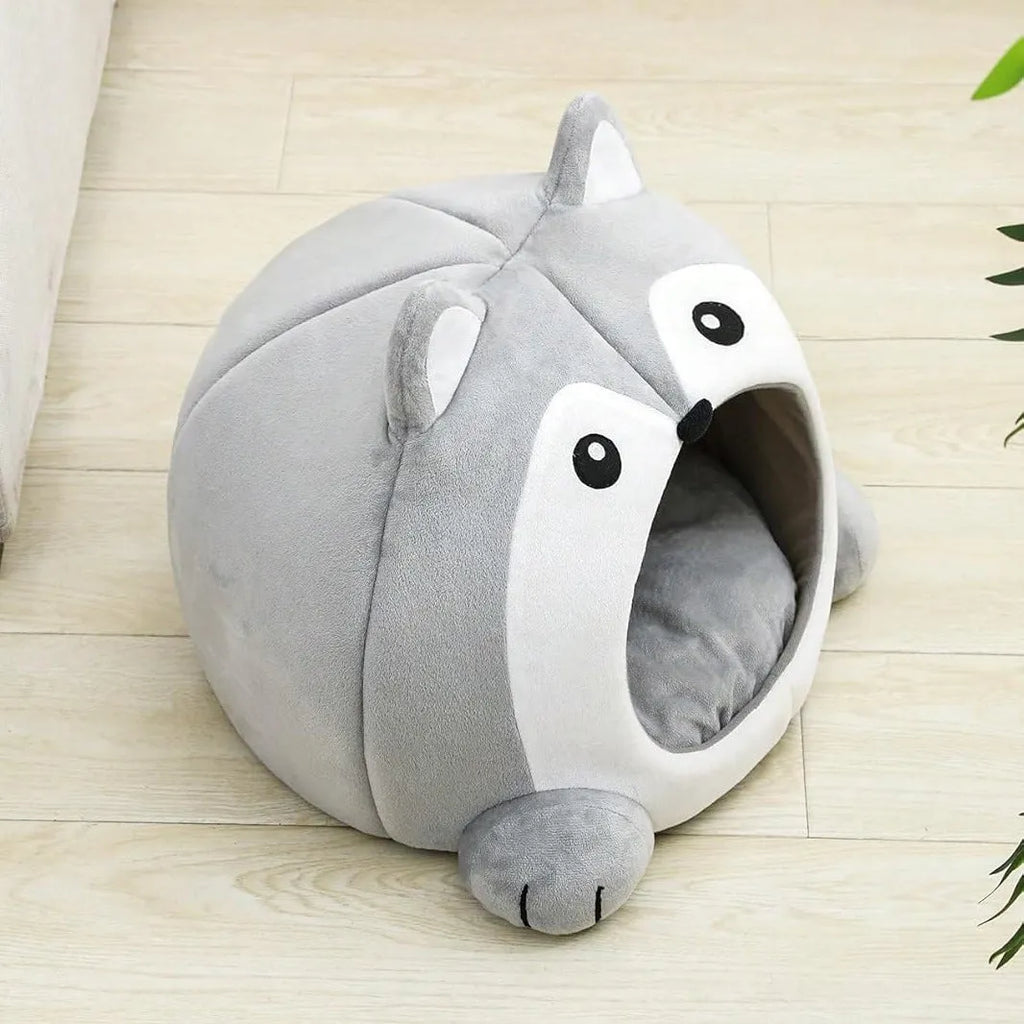 Fox-shaped indoor pet cushion in cloth with removable cushion, available in sizes S, M, L