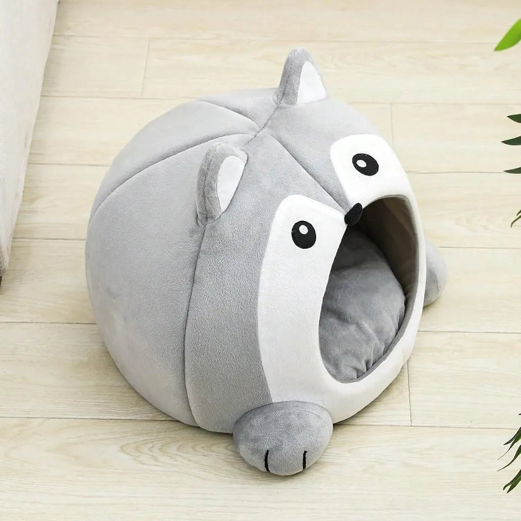 Fox-shaped indoor pet cushion in cloth with removable cushion, available in sizes S, M, L