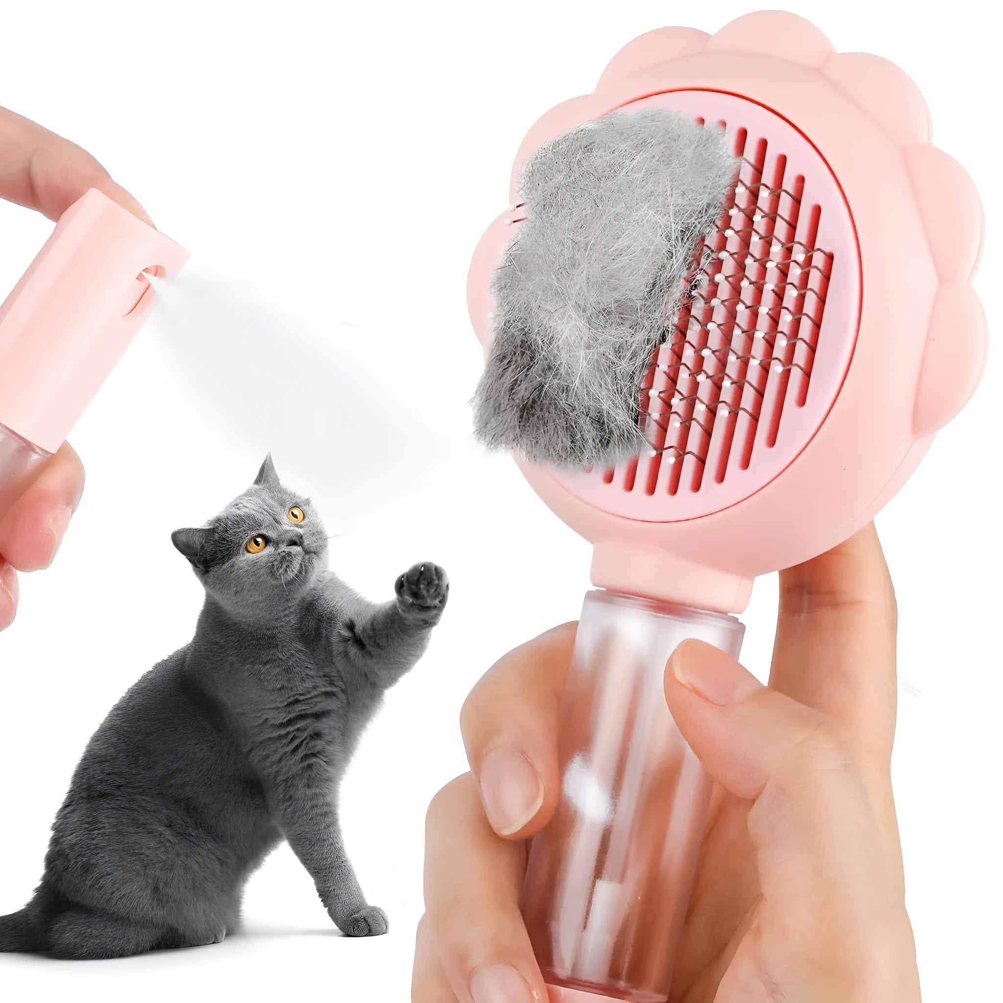 Grey spray cat brush with release button next to a cat, showing curved stainless steel bristles.