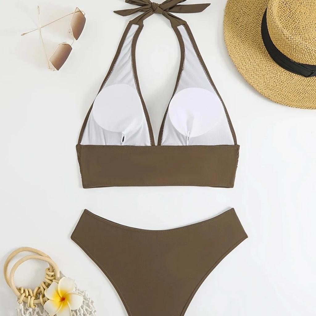 Women's brown polyester quick-dry bikini split swimsuit, sleeveless, available in sizes S M L