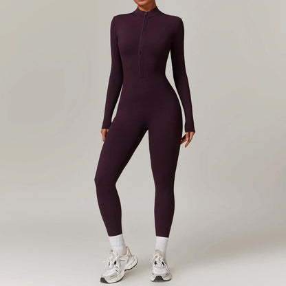 A versatile zippered athletic jumpsuit in various colors, ideal for yoga, fitness, and sports activities