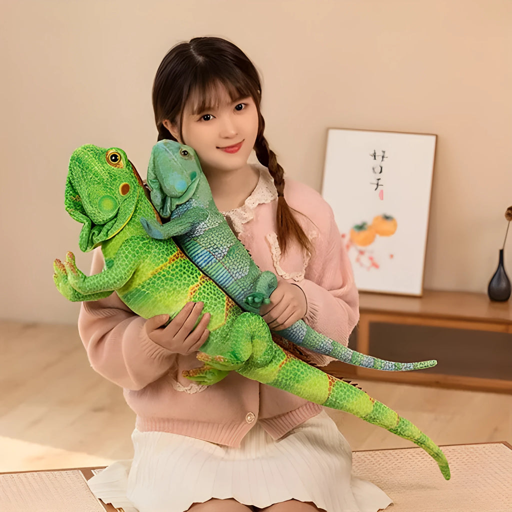 Green lizard plush toy pillow in emerald green with short plush fabric, 65cm height