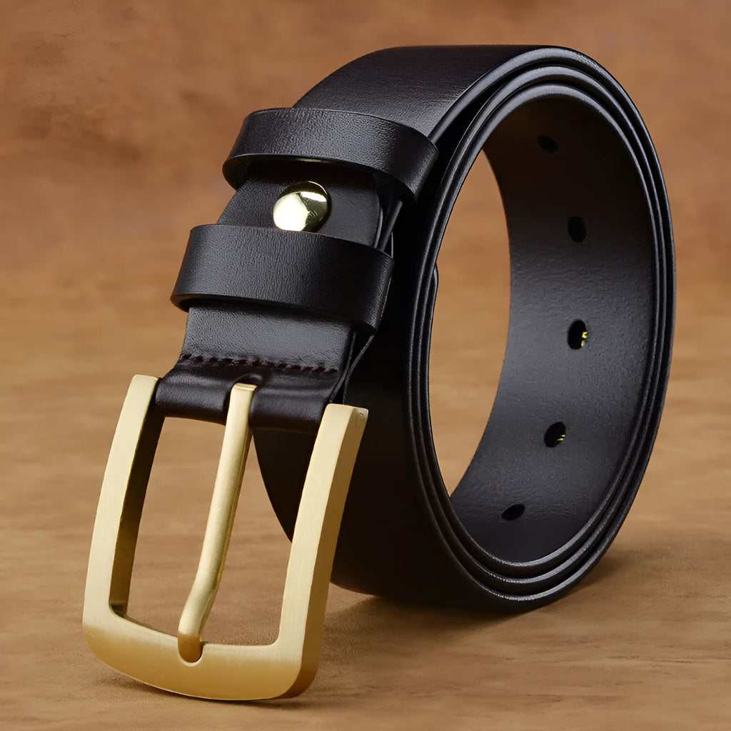 Men's leather belt with brass pin buckle in black, first layer cowhide, plain surface design