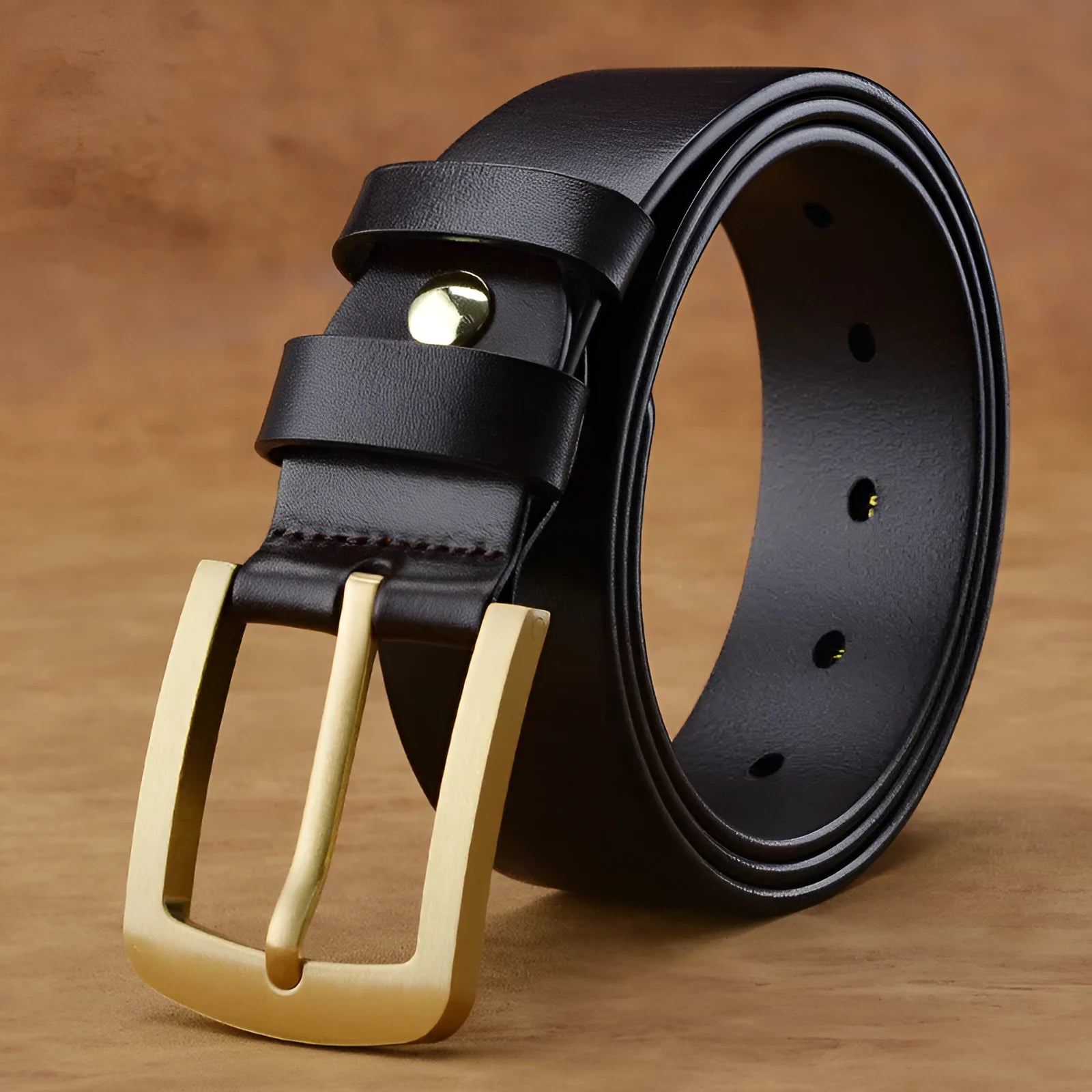 Men's leather belt with brass pin buckle in black, first layer cowhide, plain surface design