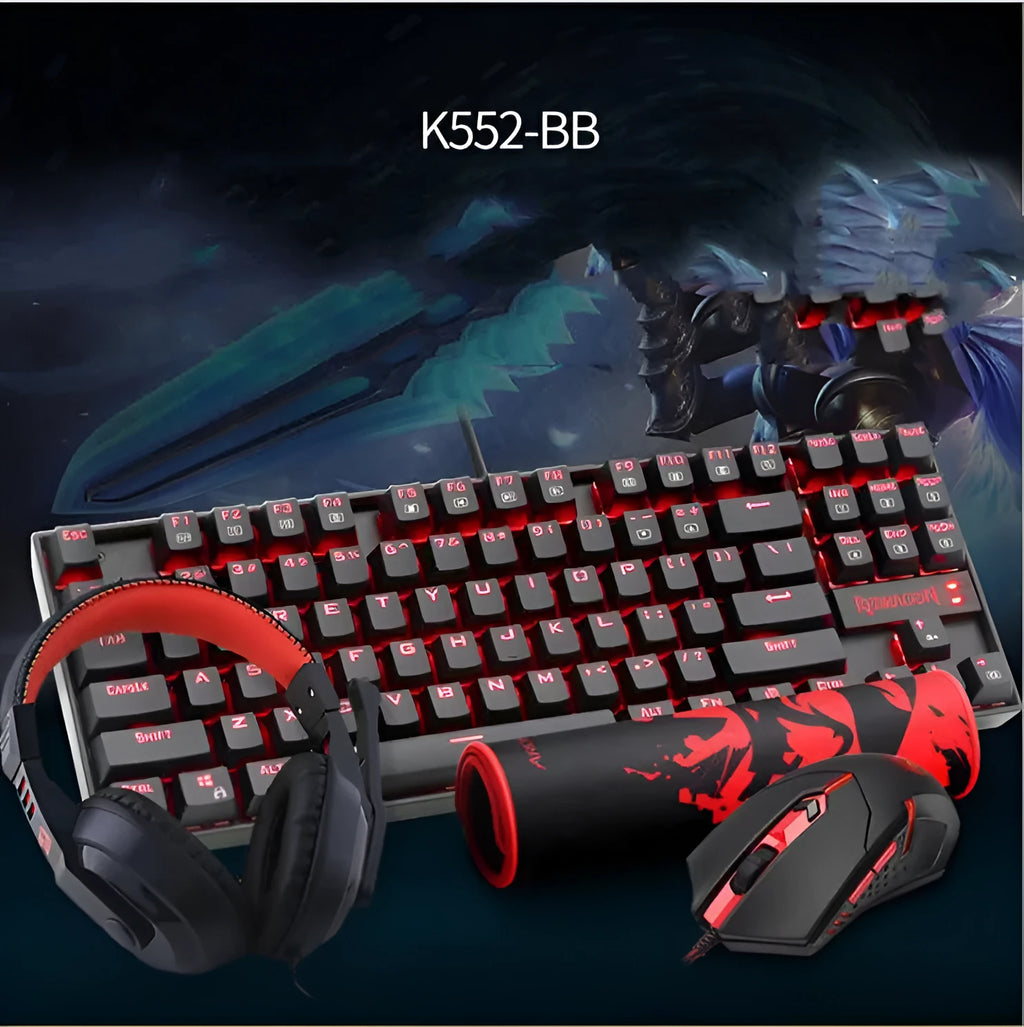 Monochrome luminous wired mechanical gaming keyboard set with green axis switches, aluminium alloy frame, black finish, includes mouse, mouse pad, and headphones