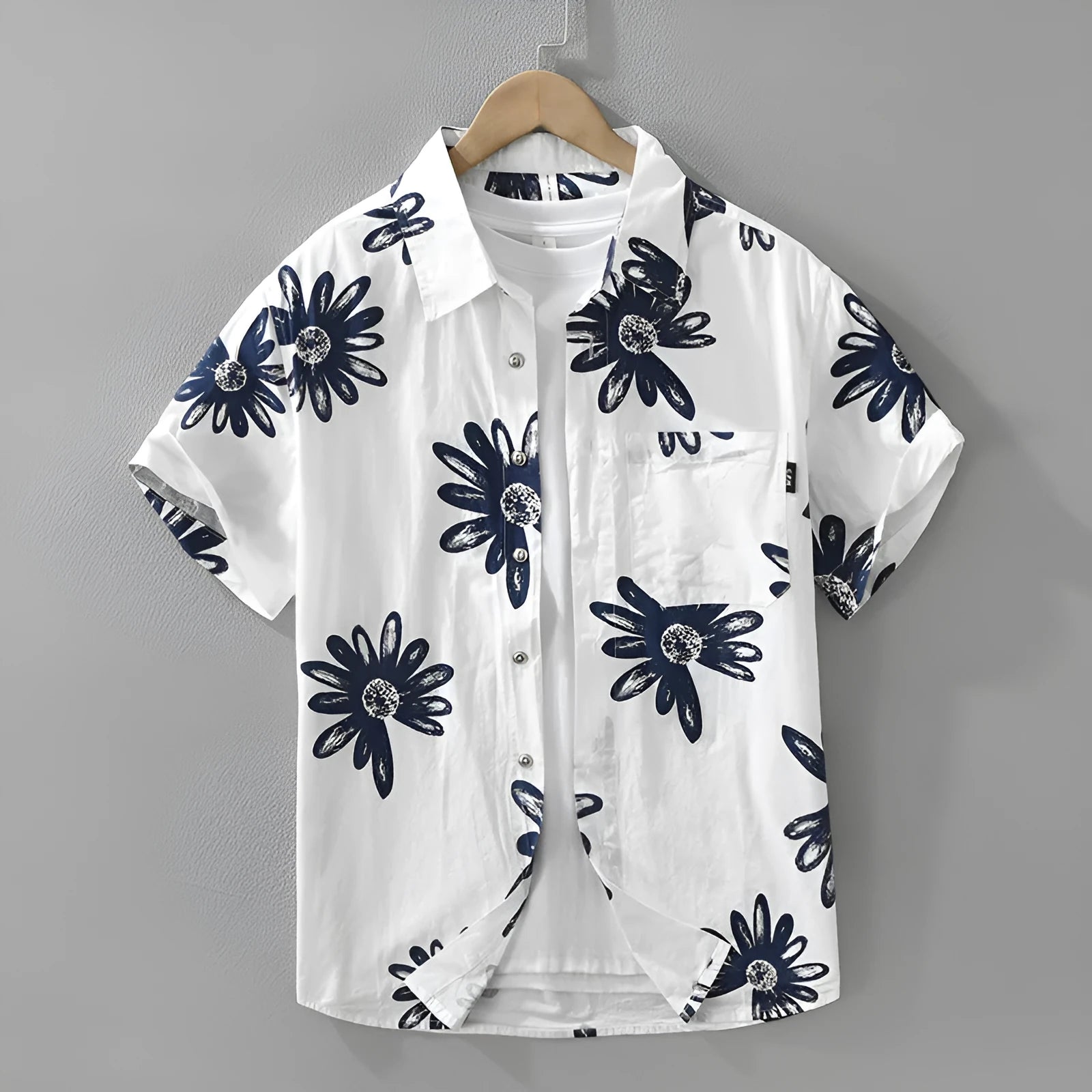 White and apricot Japanese printed short sleeve shirt in a loose cardigan style.
