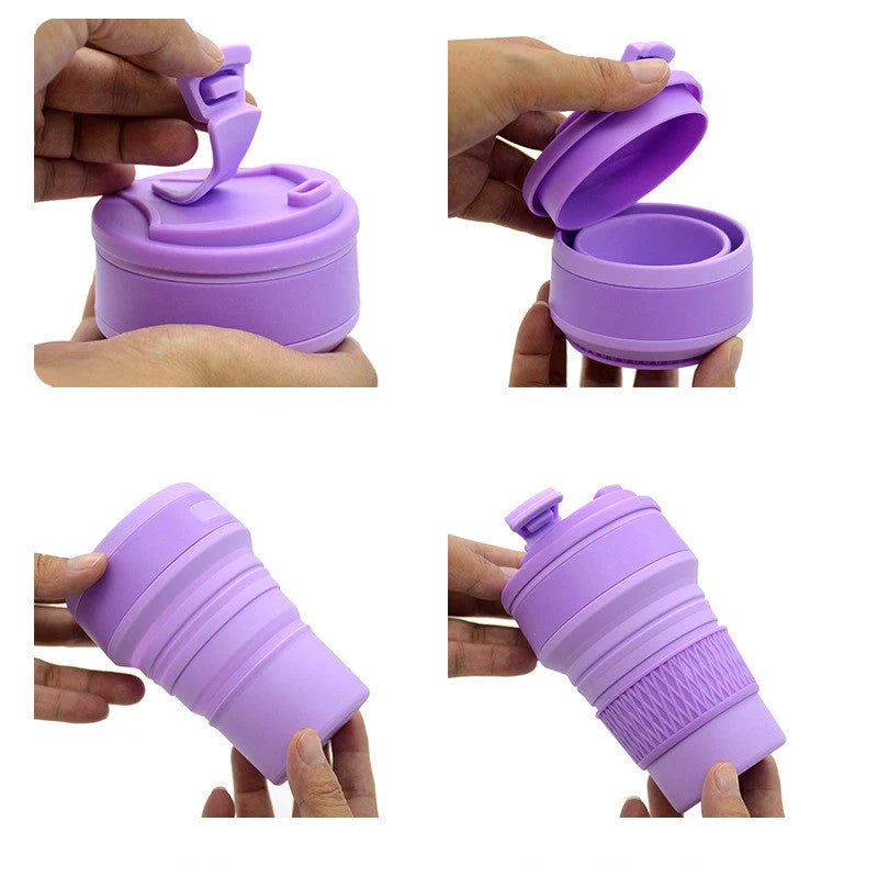 Collapsible silicone travel mug with leak-proof cover in various colours