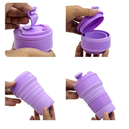 Collapsible silicone travel mug with leak-proof cover in various colours