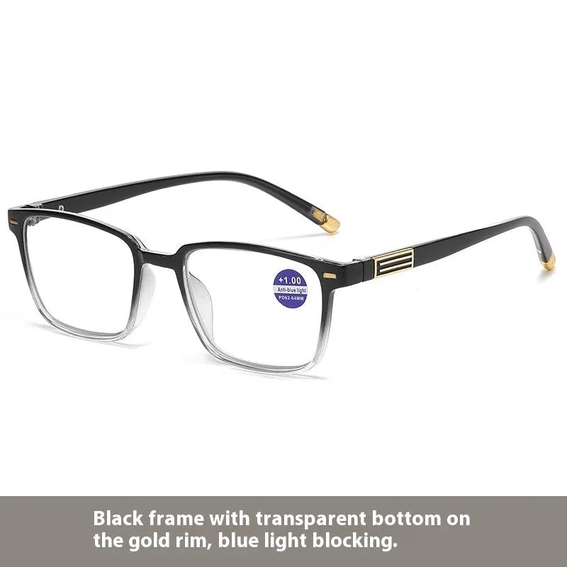 A pair of multifocal reading glasses with colour changing, anti blue light PC lenses in a black and silver frame style.