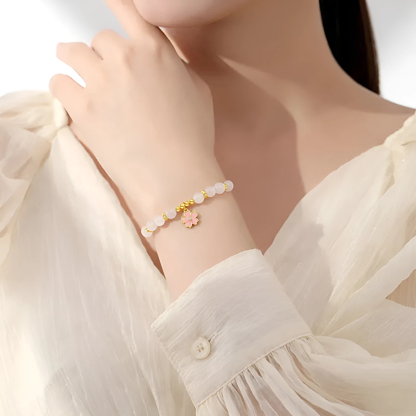 Pink 925 silver cherry blossom pendant bracelet with gradient epoxy finish and Hetian jade beads